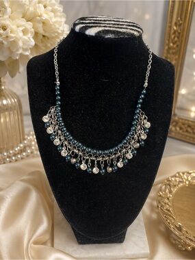 Silver-Tone Navy Pearl & Crystal Fringe Necklace with earrings